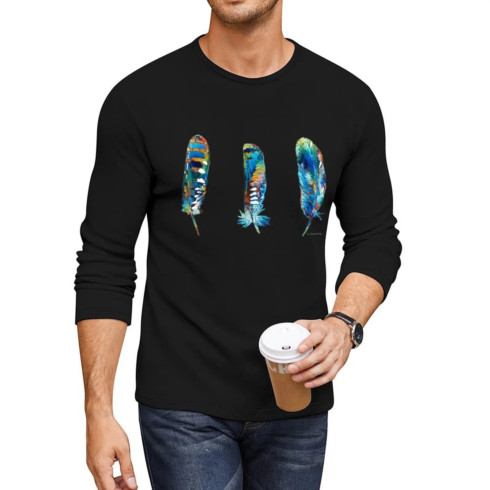 

Three Colorful Feathers - Happy Art - Sharon Cummings Long T-Shirt funny t shirt black t shirts black t shirts for men