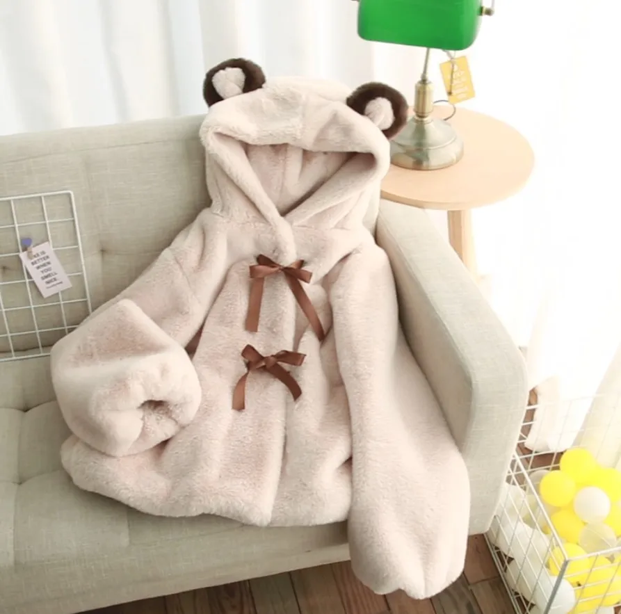 Kurtka zimowa 2025, nowa, miękka, pluszowa, w kolorze camel, dla uczennic, urocza, gruba, ze sztucznego futra, puszysta, z uszami misia, morelowa, codzienna, bawełniana.