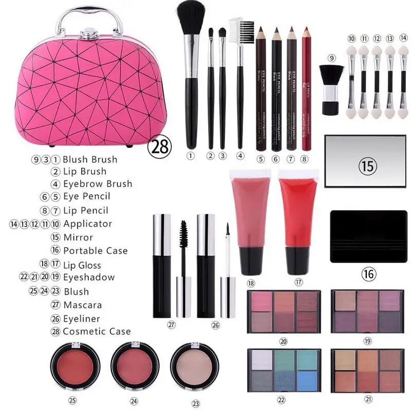 Kit de maquillage pour le visage, crayon à lèvres, applicateur, miroir, brillant à lèvres, fard à paupières, mascara, eye-liner, pinceau à lèvres, trousse à cosmétiques
