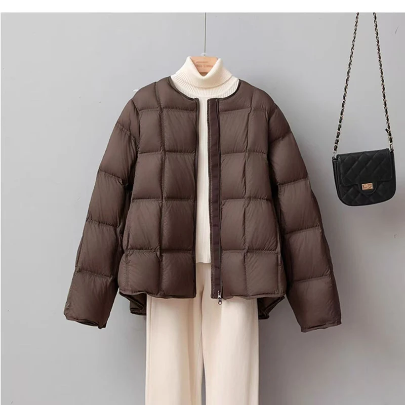 

Puff Cloud Grid Cotton Jacket for Women Autumn Winter Round Neck Lightweight Casual Cotton Padded Coats Warm Quilted Outerwear