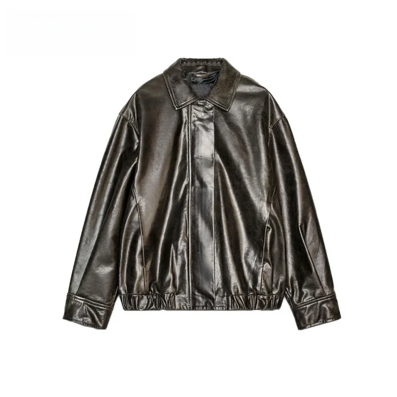 جديد 2025 الخريف دراجة نارية Sle طويلة Sve بولي Leather الجلود الطيار Jaet معطف الوقوف طوق سستة إغلاق عادية Faion المرأة...