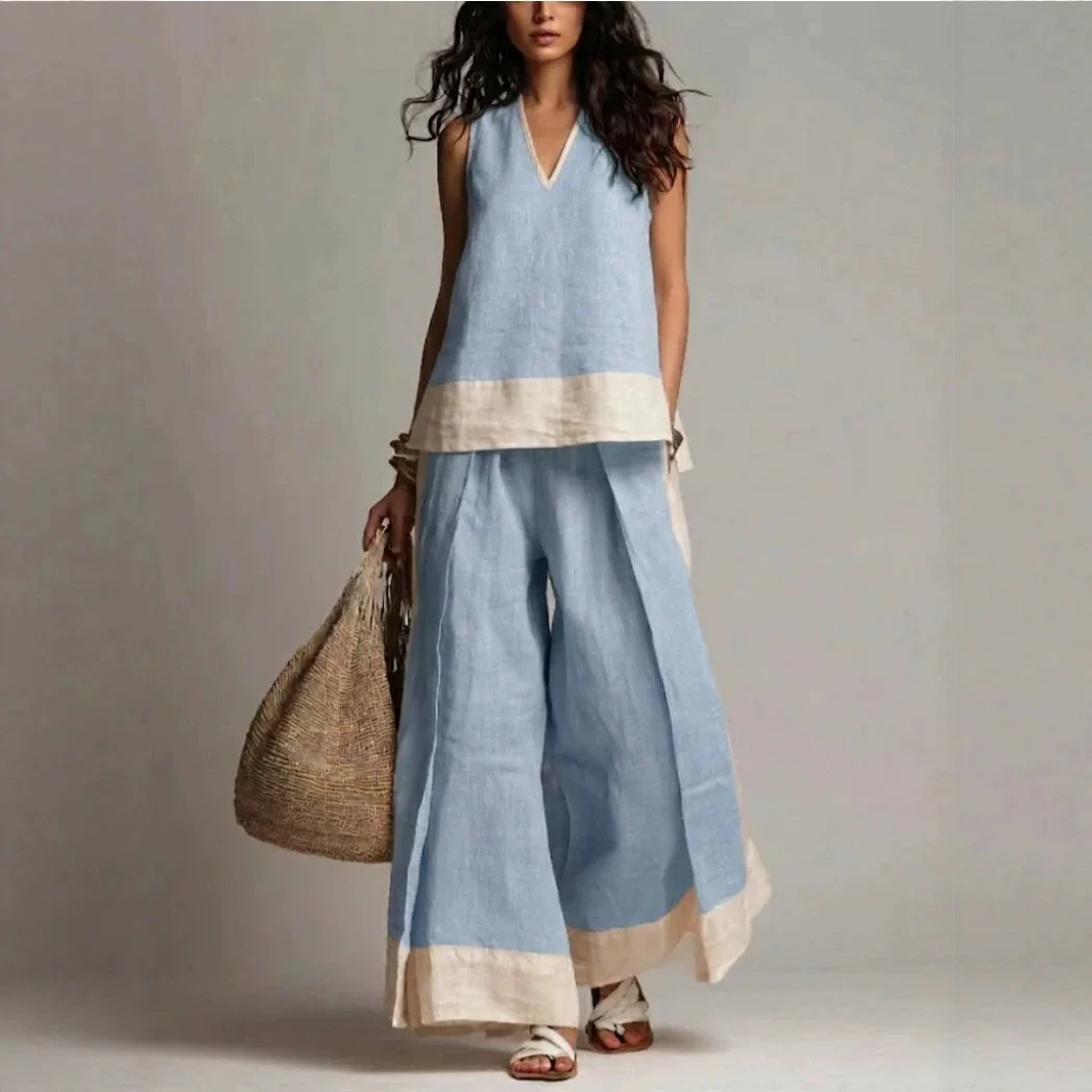 

Spring Summer Matching Set Women 2 Piece Outfit Color Block Wide Leg Pants Jumpsuit Playsuit