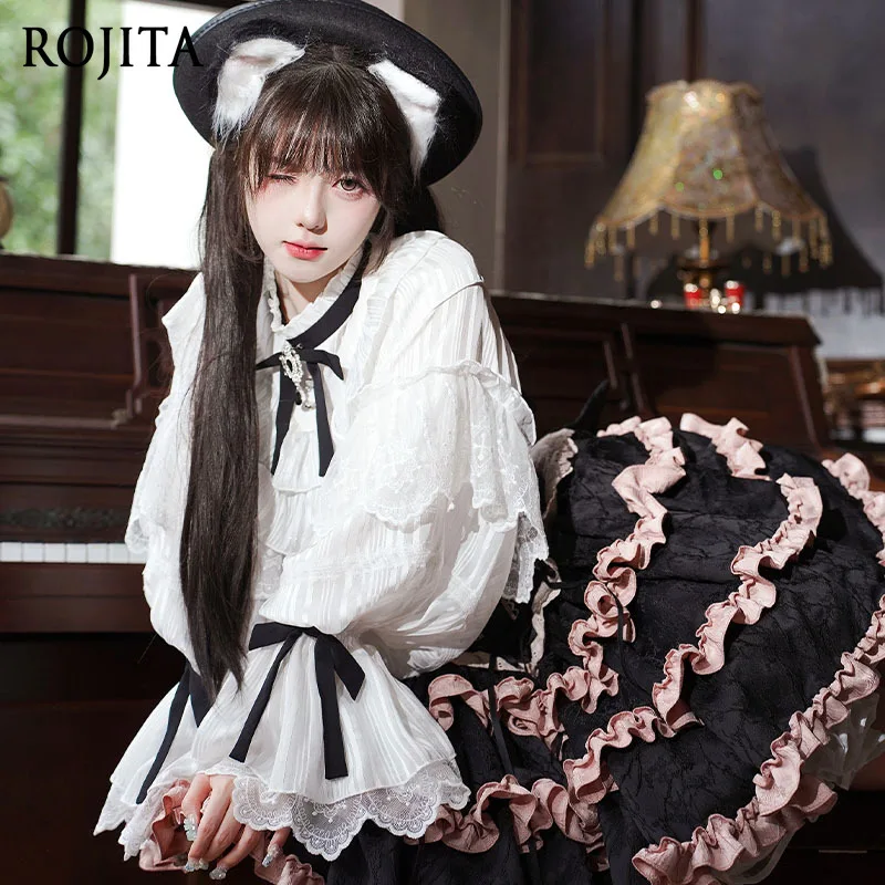 

Кружевная внутренняя рубашка с длинным рукавом в стиле Лолиты, женская весенне-осенняя элегантная белая рубашка с рукавами-колокольчиками, топ с полувысоким воротником