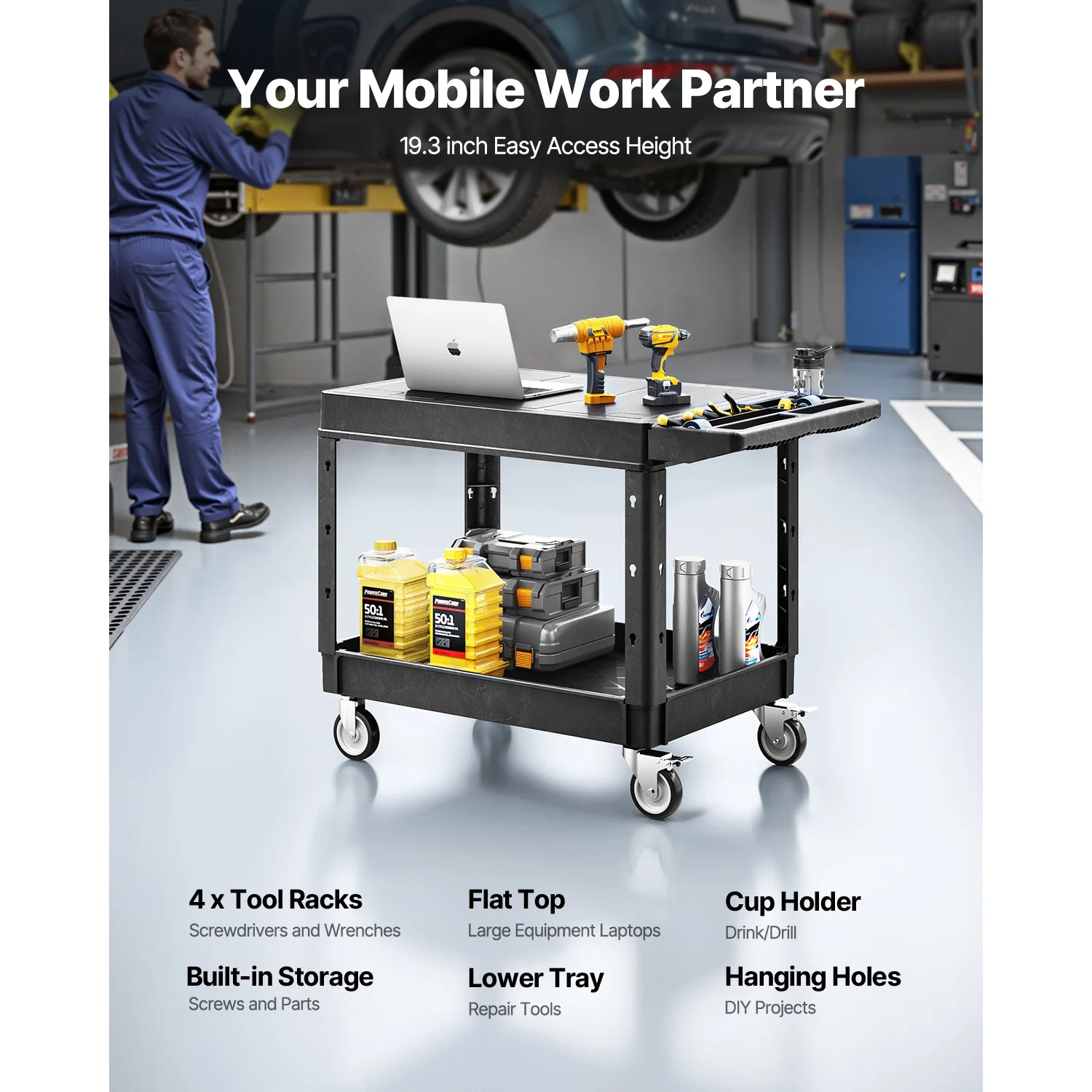 عربة خدمة المرافق SucceBuy بوزن 550 رطل، عربة دوللي يدوية بلاستيكية ذات رفين مع 360 درجة °   عجلات دوارة لتنظيف جراج المستودعات