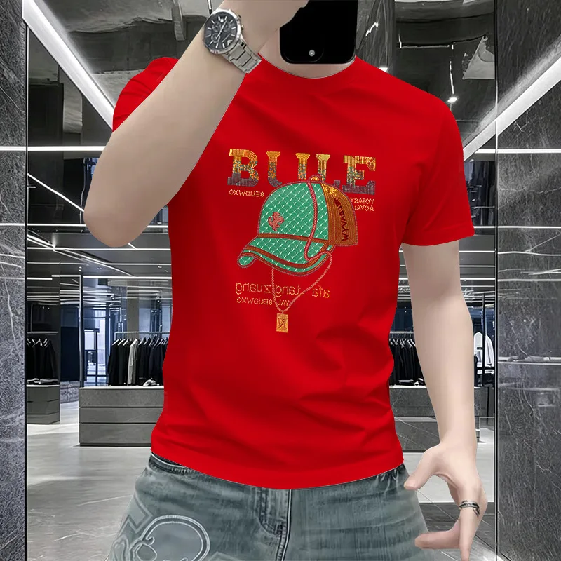 Popular Street Brand Men Ice Silk T Shirt Bling Rhinestone Cap Print Tees Slim Round Neck Daily Sport Leisure Short Sleeve Tops