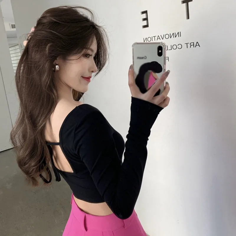 Backless Square Neck Solid Color Bottoms Women T-Shirts Long Sleeves Korean Style Tops image 3