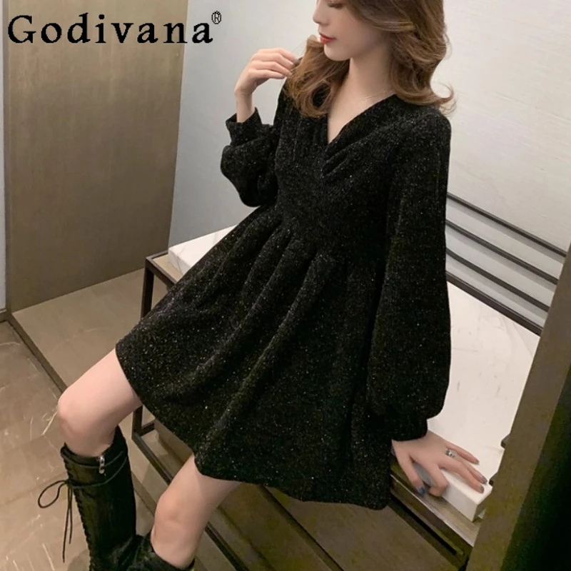 

Women Autumn Large Size French V-Neck Chic Long Sleeve Dress Fashion High Waist A-line Cute Age Reduction Black Short Dresses