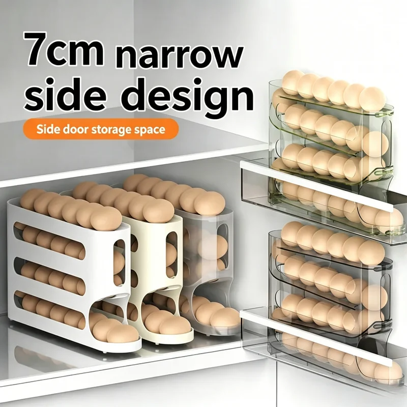 Máquina Automática para Enrollar Huevos, Caja de Almacenamiento de Huevos Deslizante de 4 Niveles, Organizador de Puerta Lateral de Refrigerador de Gran Capacidad Estilo Escalera