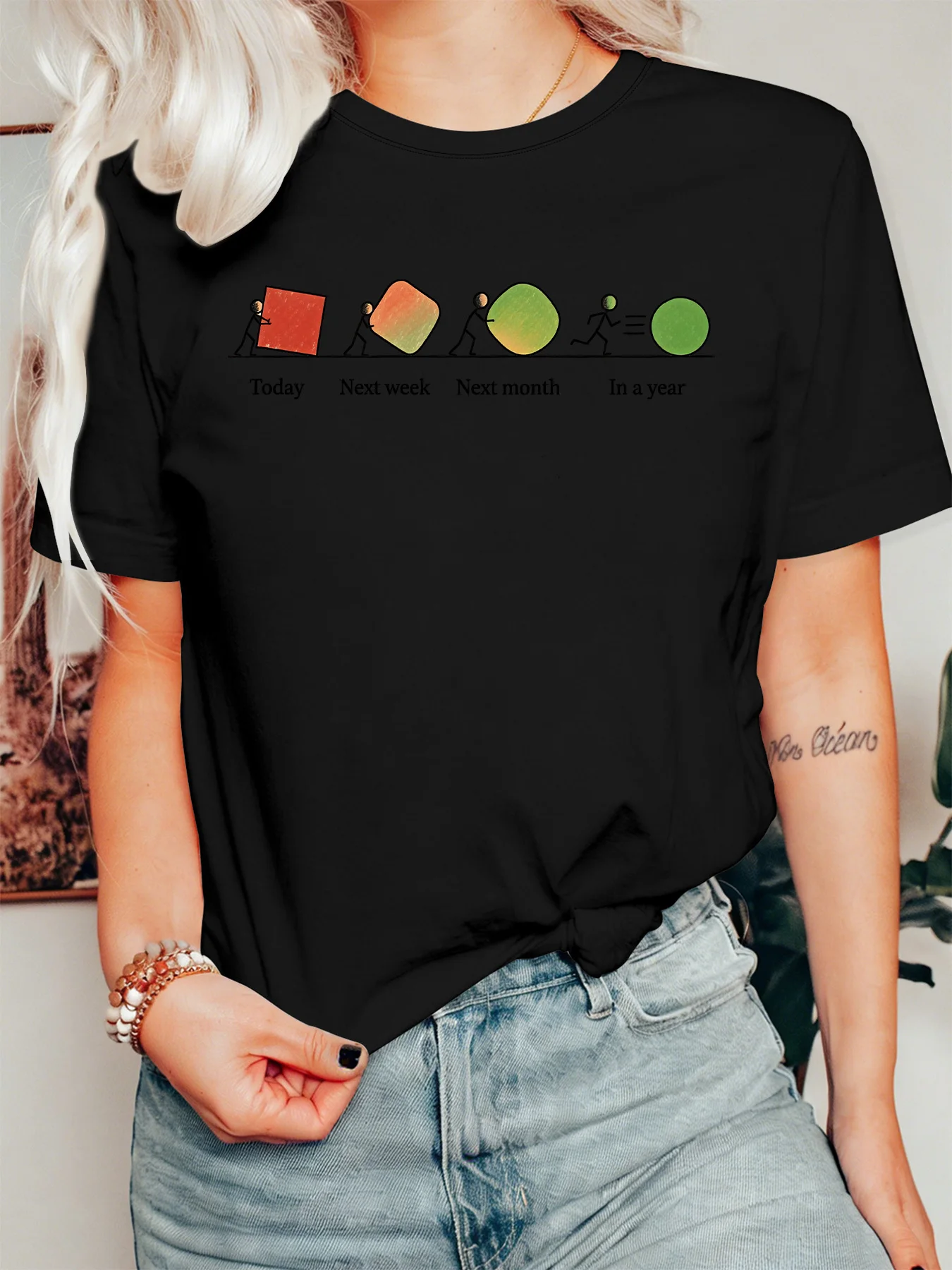 Inspirational Timeline Womens T Shirt Stick Figure Growth Progress Graphic Tee Short Sleeve Casual Daily Streetwear Ladies Tops