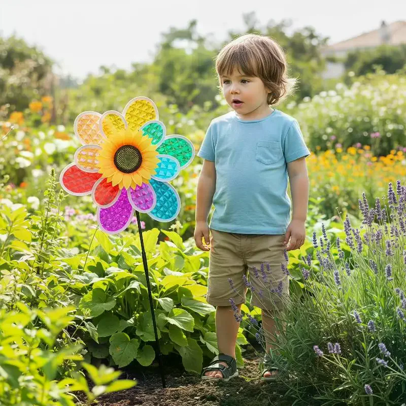 1Pcs Sunflower Rainbow Wind Spinner, Colorful Petal Windmill Decorative Stake for Yard Garden