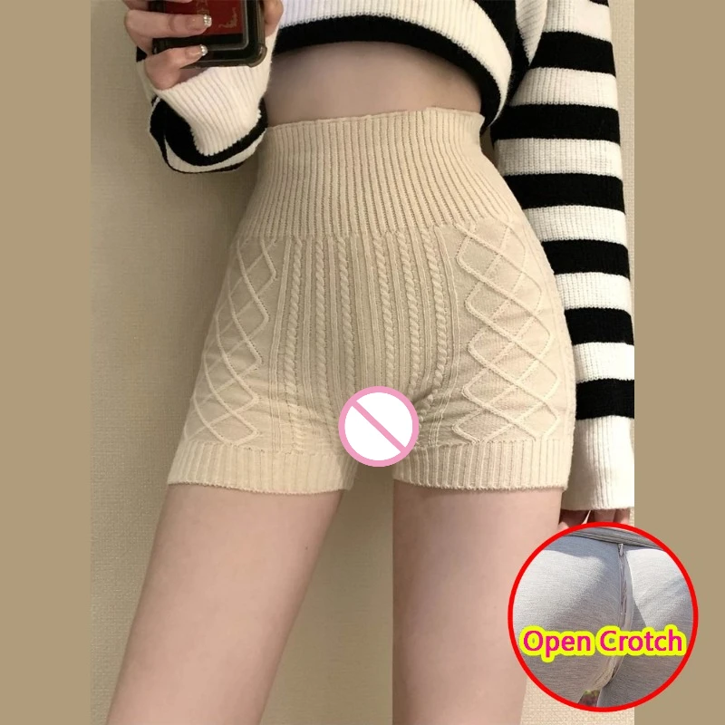 

Women's Sexy High Rise Open Crotch Knitted Mini Leggings Slim Fit Sweater Shorts Winter Thermal Tights Girl Crotchless Clubwear