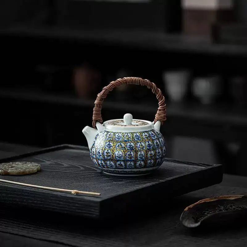 Dunhuang Thousand Buddhas Ru Kiln Large Vintage Household Anti-Scalding Handle Teapot Single Pot Chinese Style High-End Gift