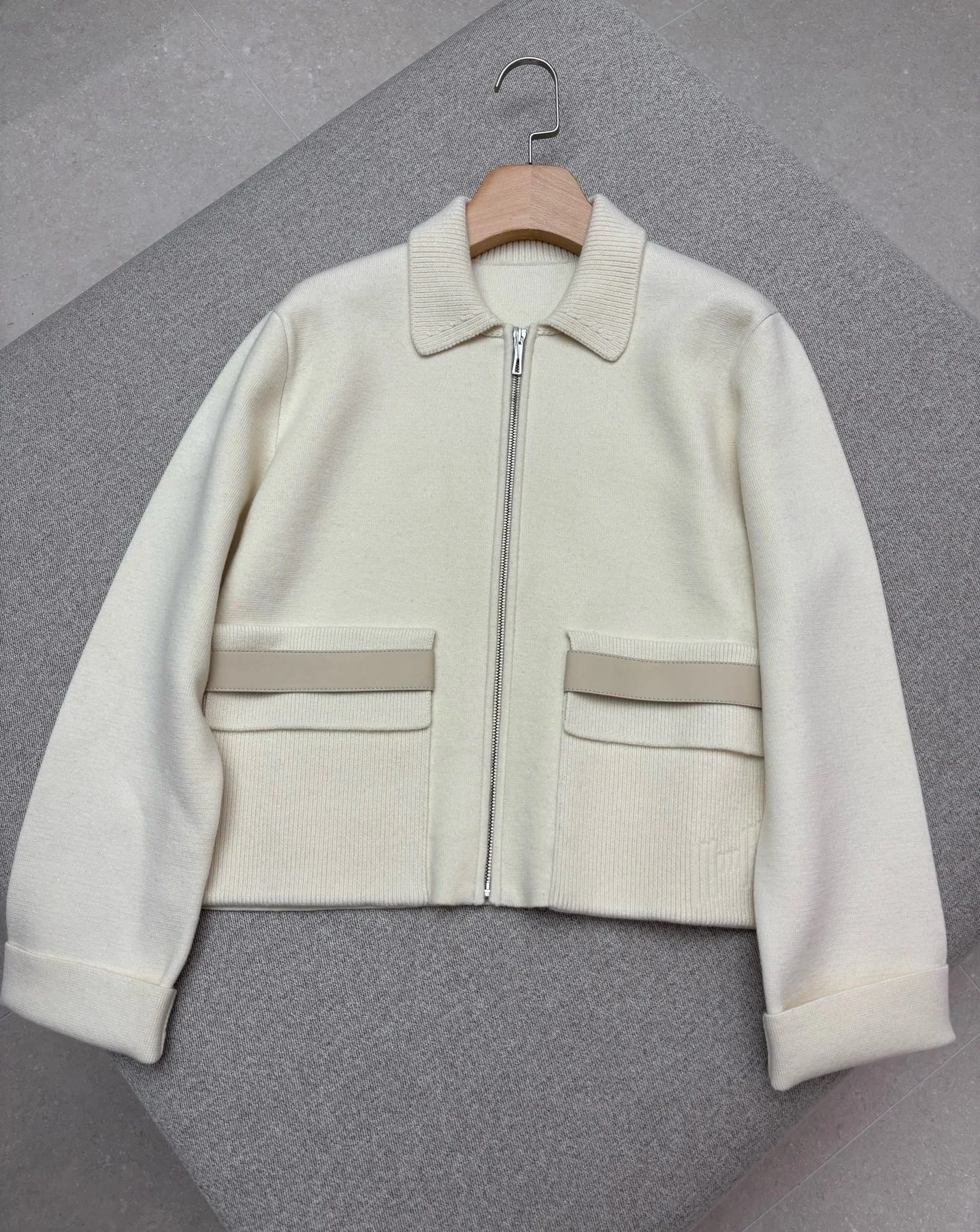 Lapel Zip-Up Contrast Pocket Cropped Knit Jacket For Women