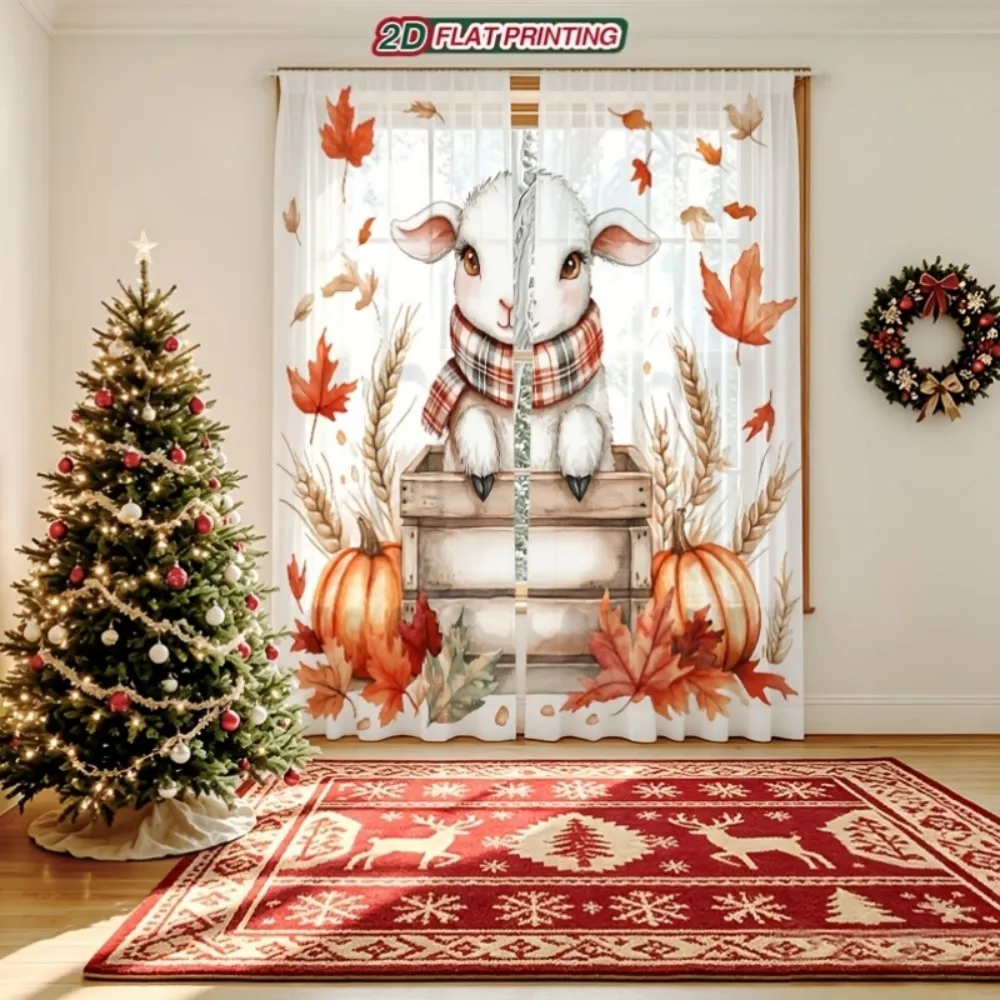 2PCS Thanksgiving Fall Sheer Curtains, Lamb Pumpkin Wheat, Digital Print, Bedroom Living Room, Rod Pocket Polyester Home Decor