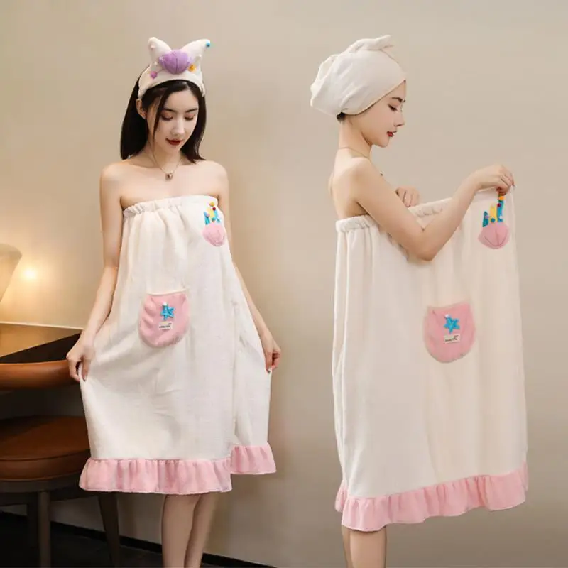women's-summer-absorbent-quick-drying-cotton-bath-towel-set-with-skirt-hairdryer-cap-three-piece-home-use-comfortable-towel