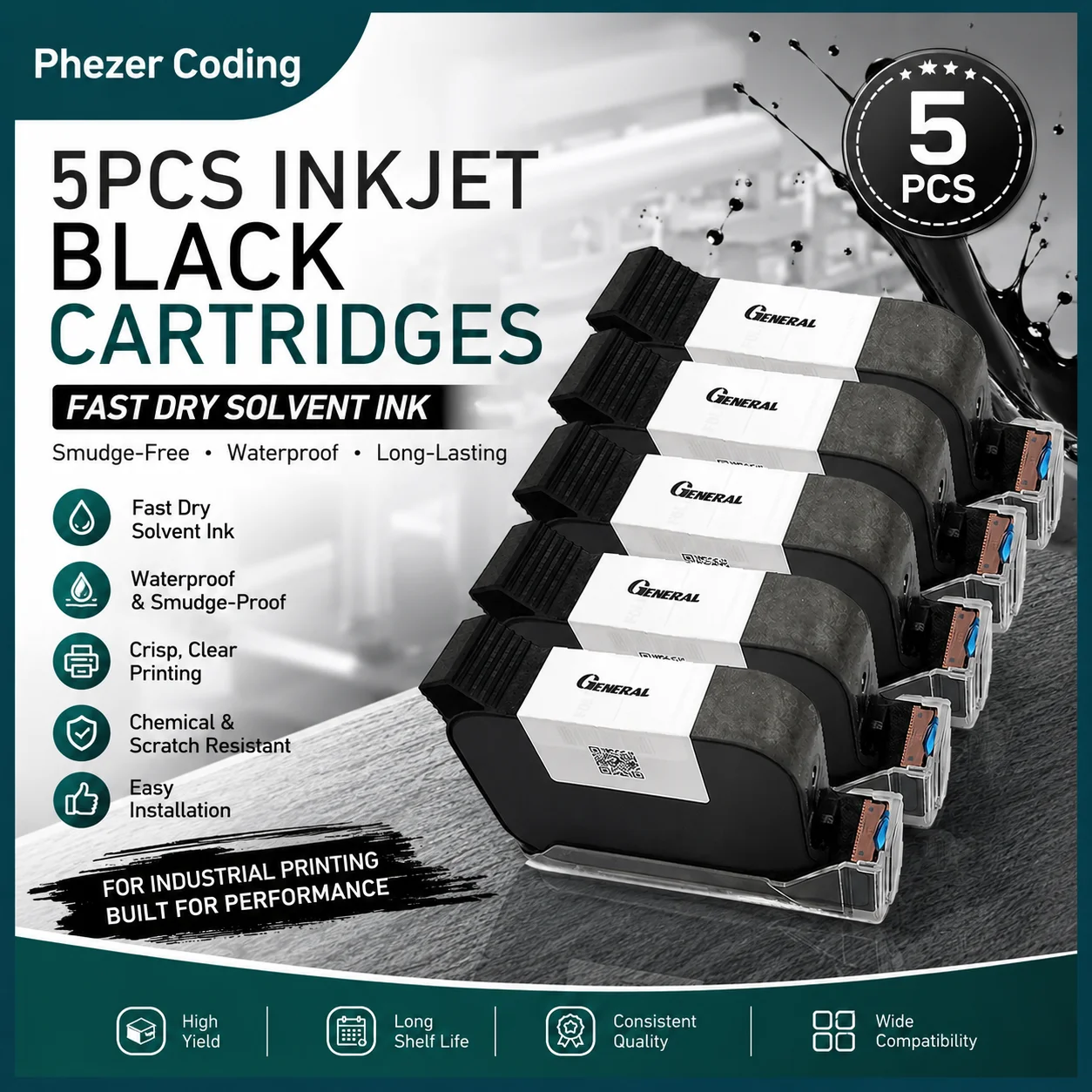 Cartucho de Tinta de Secado Rápido Phezer de 12.7mm, 1/3/5 Piezas, Tinta Negra de Nivel A, Alta Adhesión, Impresora de Inyección de Tinta Portátil en Línea