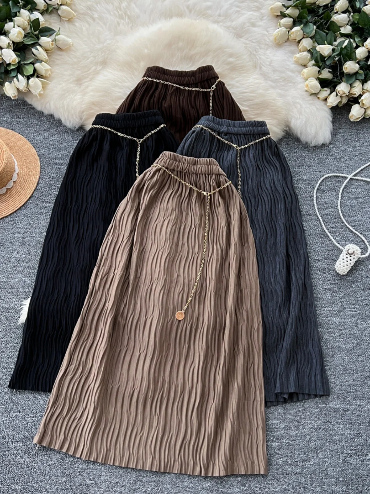 Fashion Chain Folds Skirt Women Spring Autumn 2024 High Waist Slimming Straight Midi Skirts Female Elegant Solid Color Clothes