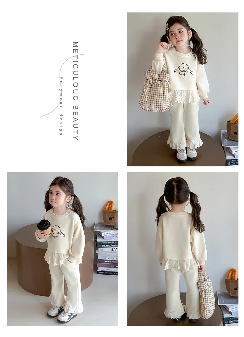 Neue Herbst-Kinderkleidung, süßes Sweatshirt-Outfit für Babymädchen, Spitze, lange Ärmel, Cartoon-Print-Oberteil + Hose, 2-teiliges Set – Detail 5
