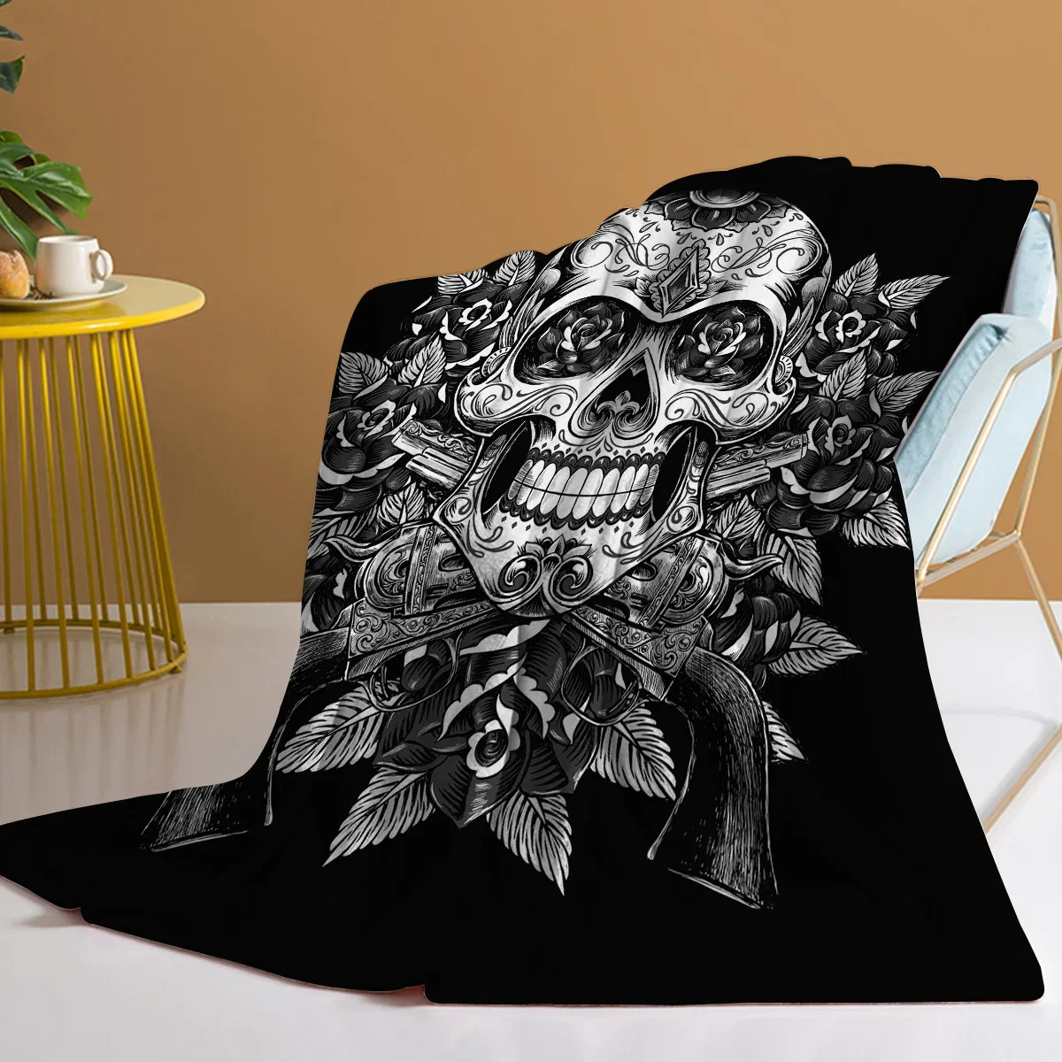 

3d printed blanket Black And White Rose-eyed Skull Throw Blanket Plush Fluffy Flannel Fleece Blanket Soft or Sofa Bed cover