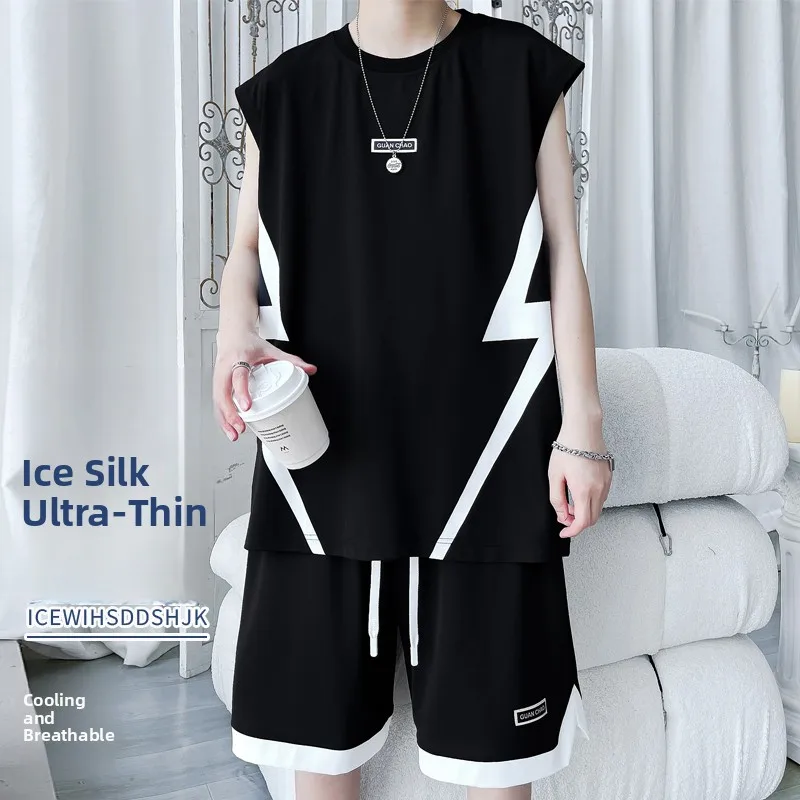 

Large Size Ice Silk Qui Dry Vest Set Men Summer Trendy Loose oulder Svel Casual Sports orts Two Piece Set