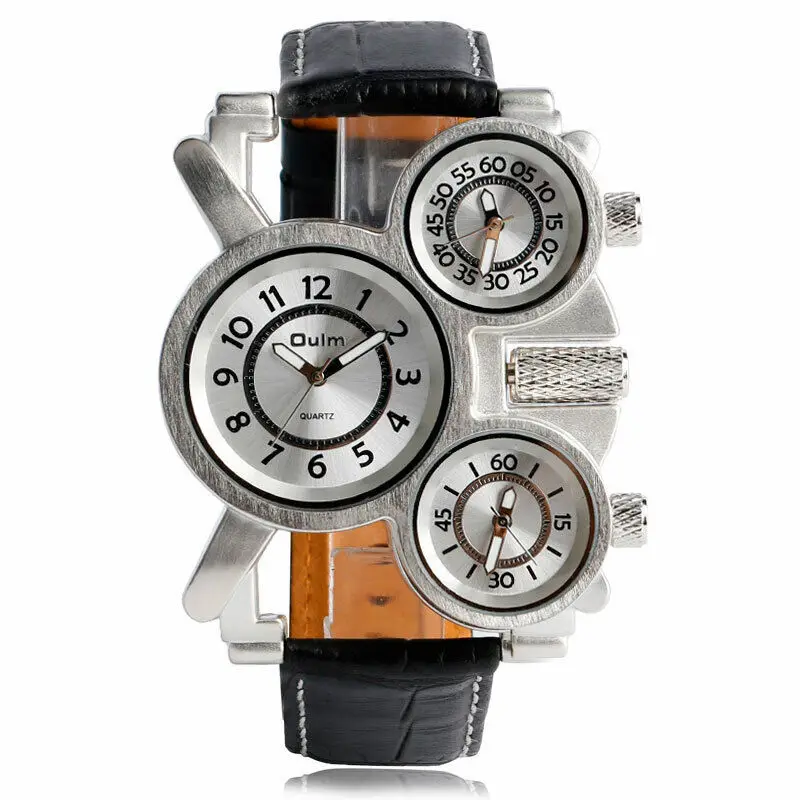 Marca OULM, relojes para hombre con movimiento de cuarzo japonés, 3 zonas horarias, esfera grande, correa de cuero, caja de acero, reloj de pulsera, bonito regalo