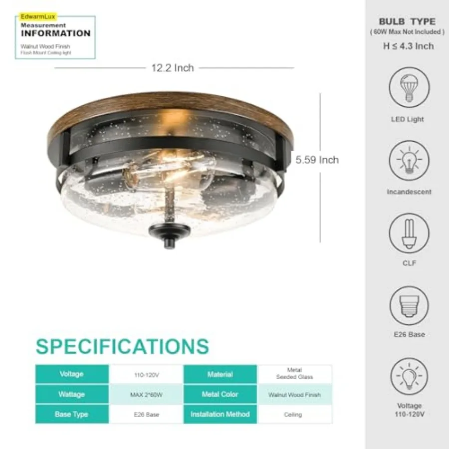 Flush Mount Ceiling Lights, 2-Light Farmhouse Close to Ceiling Light, Industrial Ceiling Lighting Fixture for Kitchen Hallway B view 5