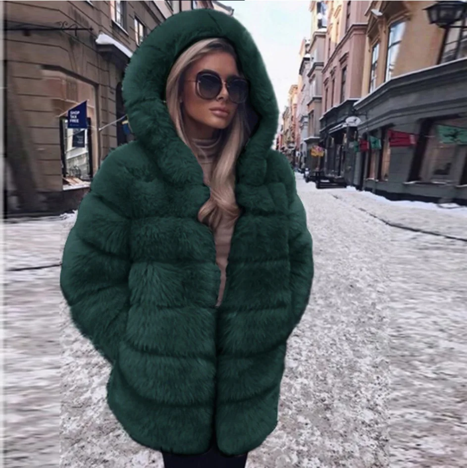 Faux Fox Fur Coats Women Mid Length Jacket Y2k Hooded Coverd Button Long Sleeve Thick Warm Fur Loose Casual 2025 Autumn Winter