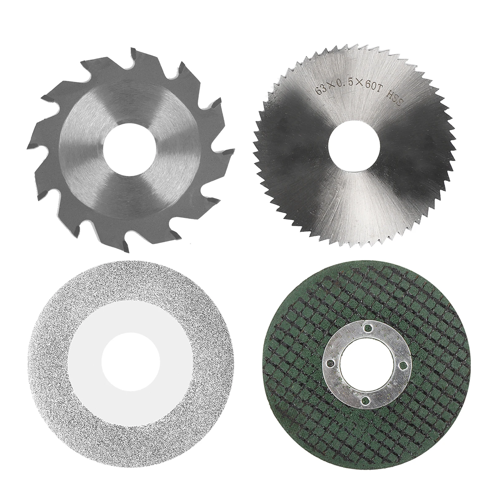 4PCS Chainsaw Blade Set Contains 2.5in 63mm Resin Saw Blade & 60mm Emery Saw Blade &  63mm HSS Saw Blade & 63mm Alloy Saw Blade