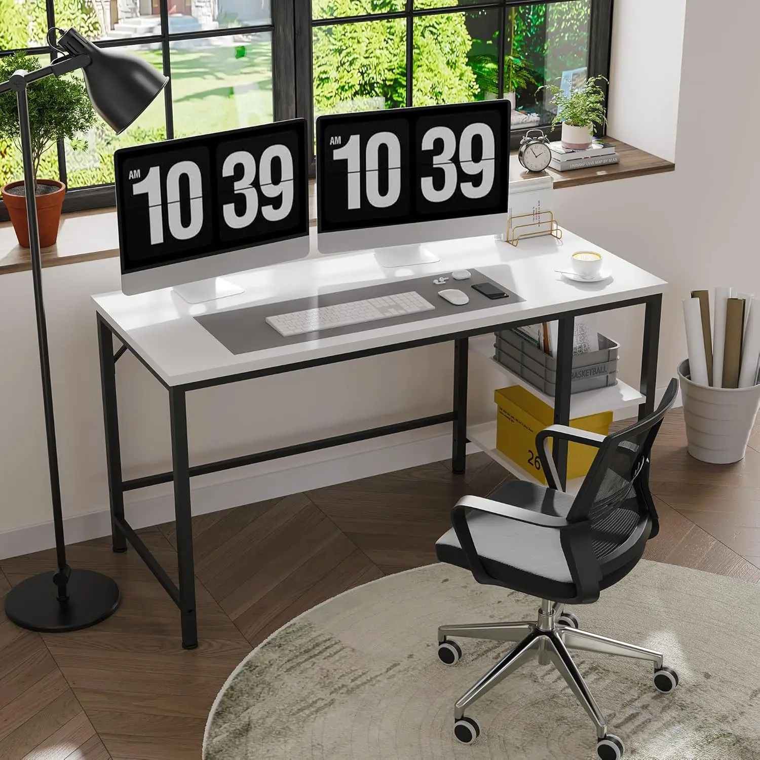 Modern White 55-Inch Computer Desk with 2-Tier Shelf, Home Office Workstation, Wood Table and Metal Frame for Home Office