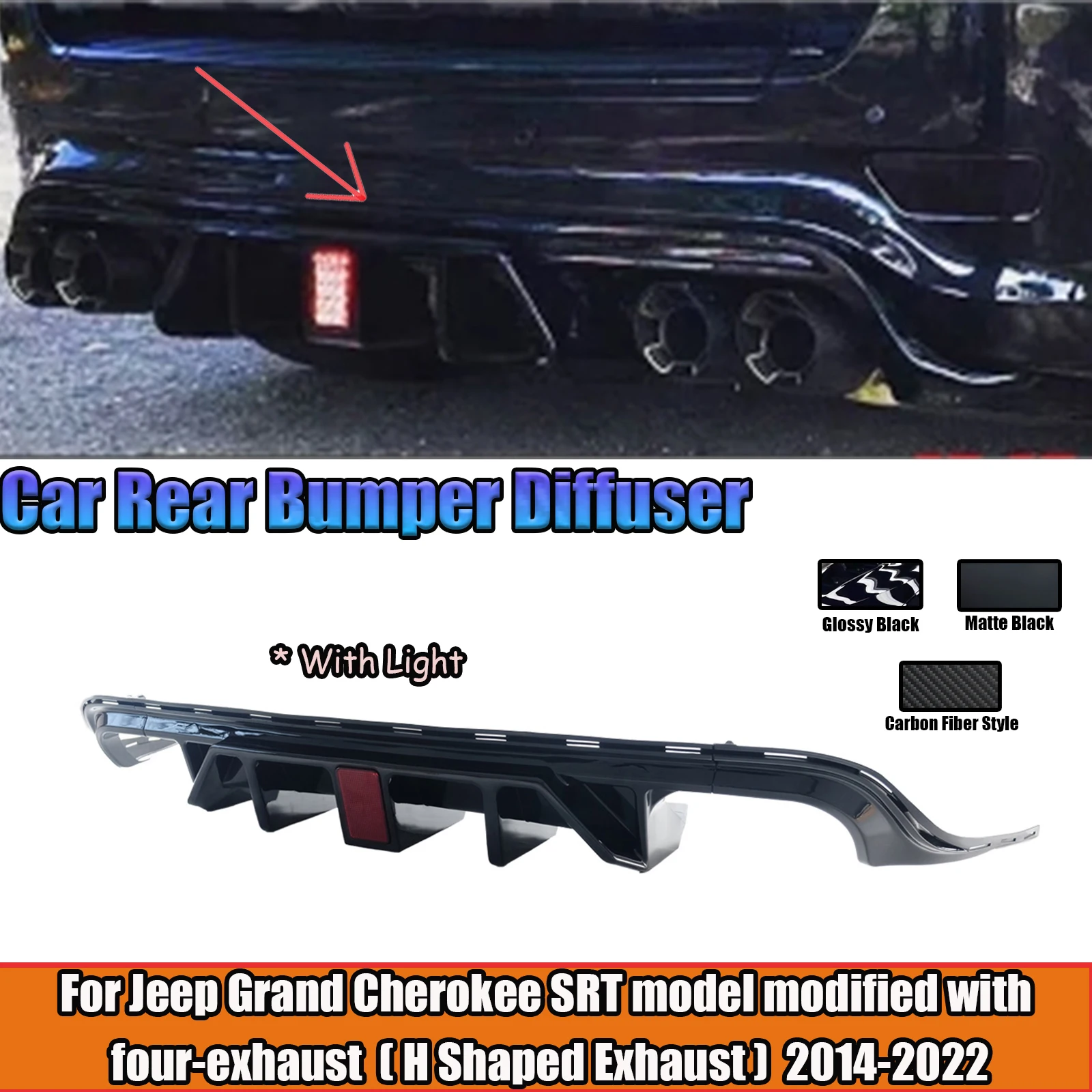 

Rear Bumper Diffuser With LED For Jeep Grand Cherokee SRT Model Modified With Four-Exhaust H Shaped Exhaust 2014-2022 3PCS