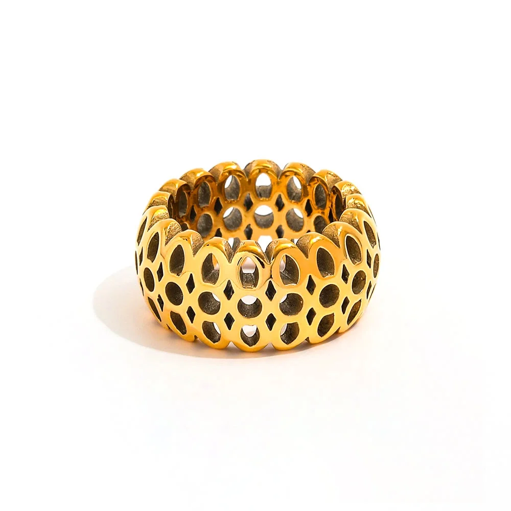 

Joolim Jewelry Wholesale High End PVD Waterproof Fashion Wide Personality Honeycomb Hollow Stainless Steel Ring Trend For Women