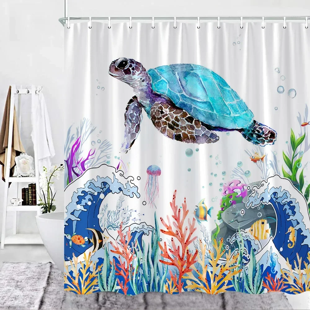 Sea Turtles Shower Curtains Blue Sea Wave Water Plant Coral Octopus Decors Polyester Fabric Bathroom Curtain Bath Accessies Sets