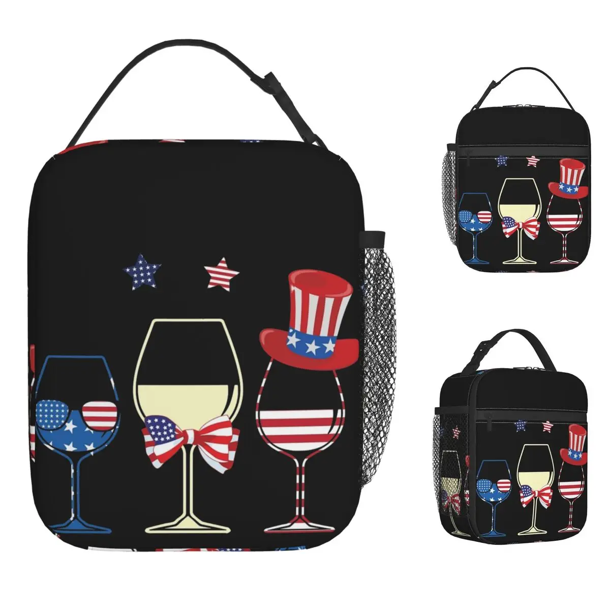 

Happy 4th Of July Lunch Bag Red White And Blue Glasses Travel Lunch Box Casual Print Tote Food Bags Oxford Portable Insulated