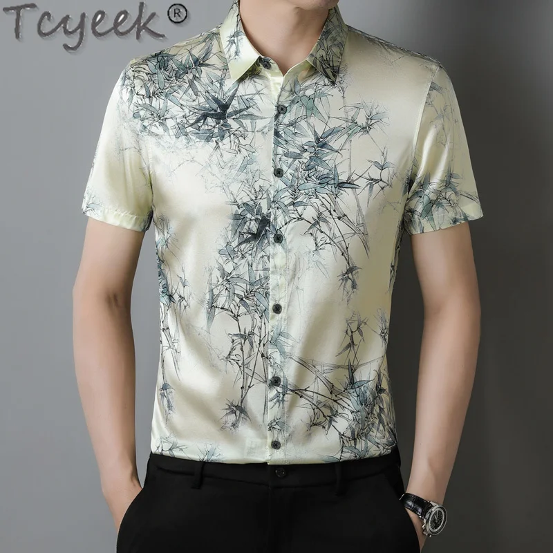 Tcyeek 93% Mulberry Silk Shirt Summer Clothes Short Sleeve Top Thin Mens Shirts 2024 High-end Real Silk Shirt for Men Рубашка