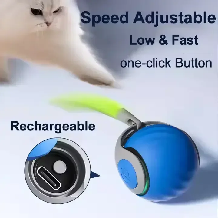 Interactive Automatic Rolling Electric Cat Ball Toy Kitty Training Smart Self-moving W/ Feather Teaser Rechargeable Toy for Cats