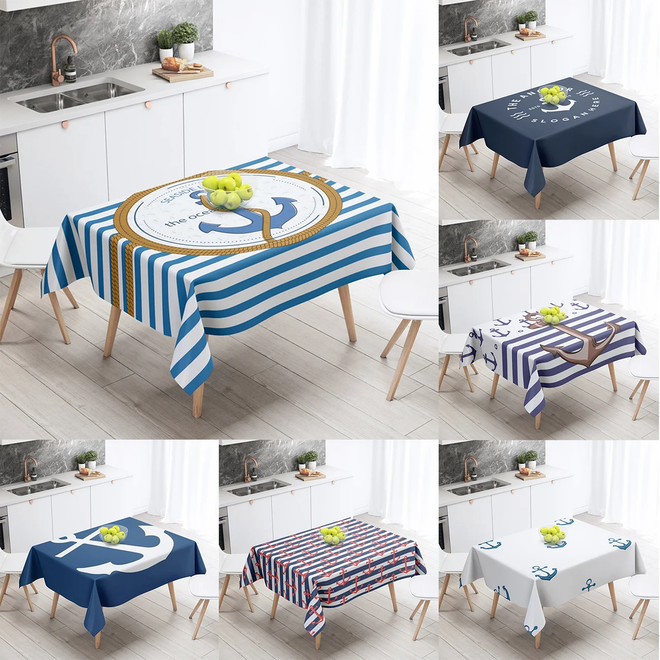 Marine Decor Navigation Compass Anchor Tablecloth for Table Waterproof Anti-stain Outdoor Wedding Decoration Blue Rectangular