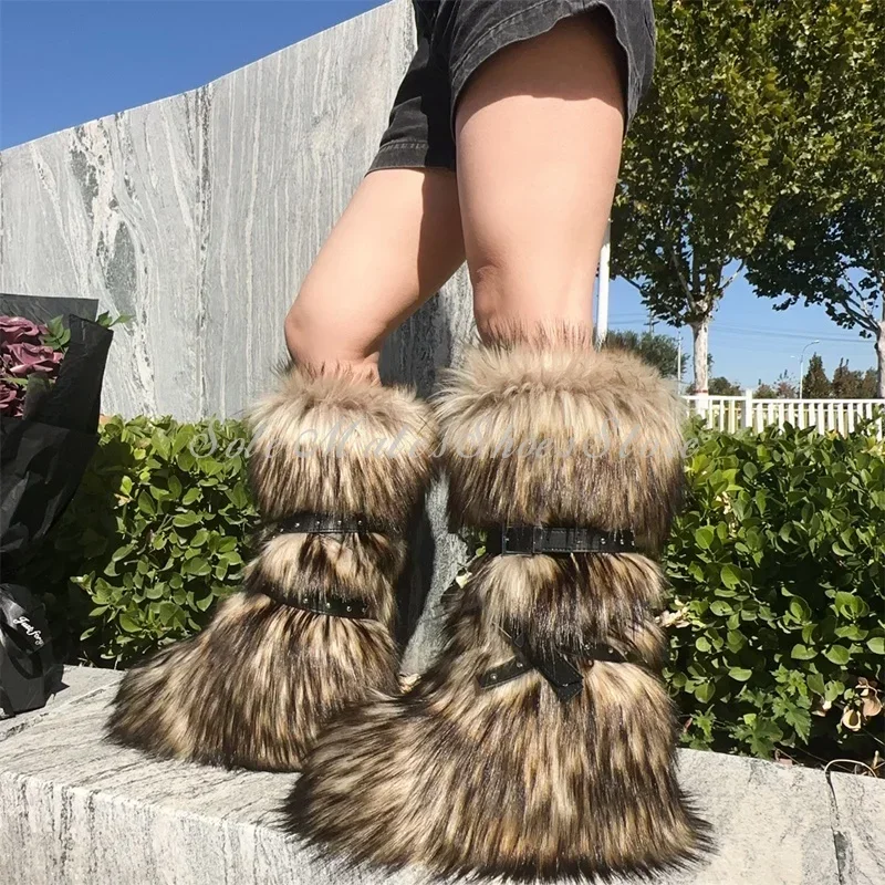 الشارع نمط الموضة الساخن الفرخ سميكة القاع الثلوج الأحذية حزام مشبك الدانتيل يصل الركبة الأحذية مختلط الألوان فو الفراء الأحذية النسائية الحديثة