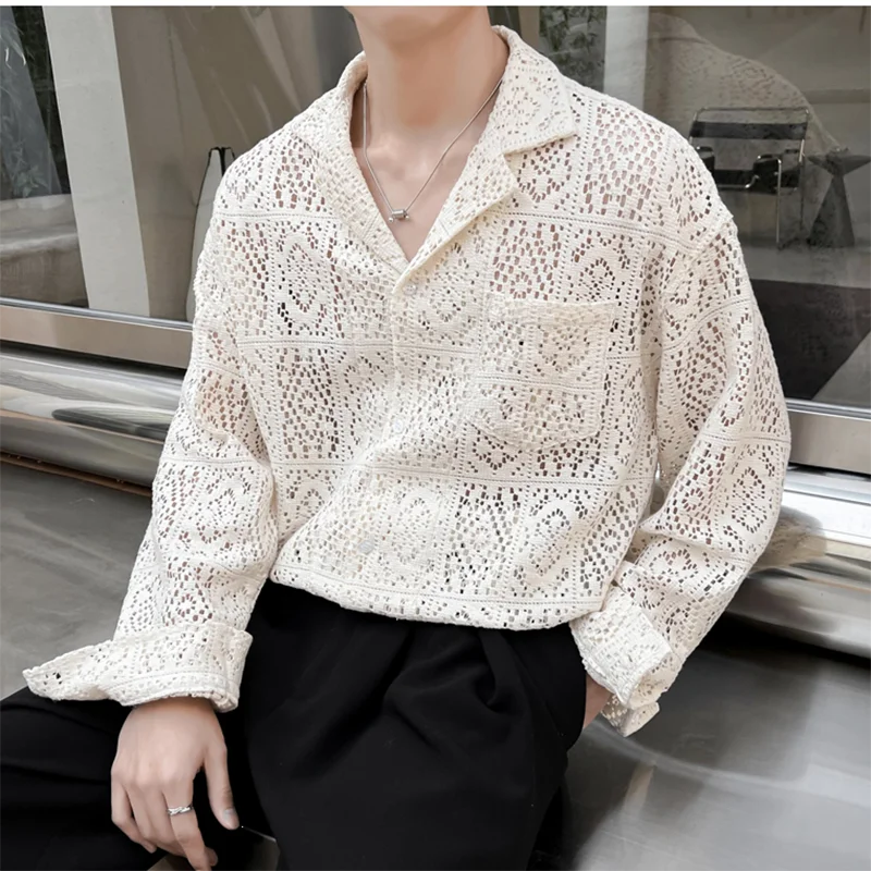 

Fashion Lapel Pockets Solid Color Hollow Out Shirts Men's Clothing 2025 Spring Summer New Loose All-match Tops Casual Shirts