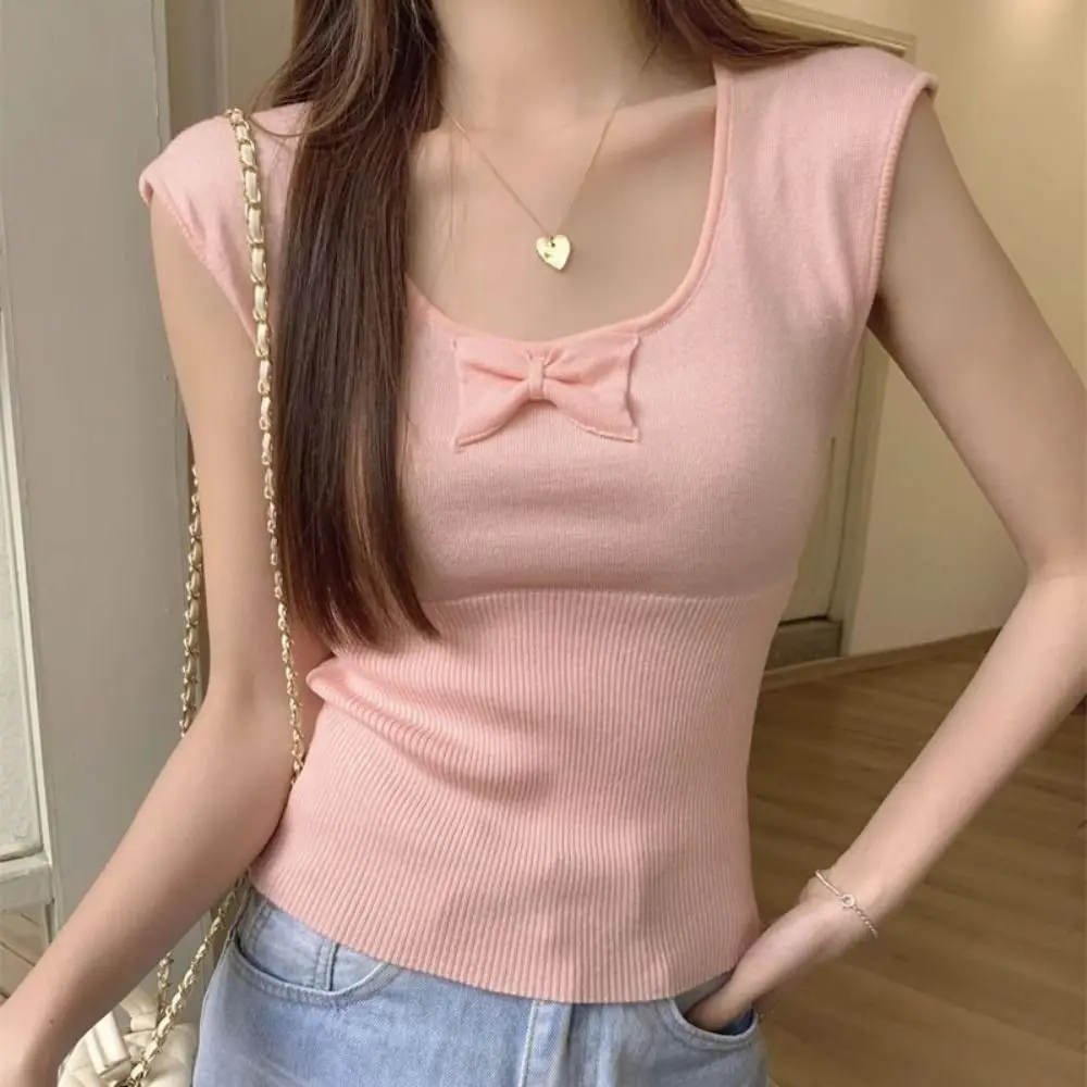 

Round Neck Korean Y2K Crop Tops Solid Color Women Clothing Bowknot Knit T-shirt Sweet Short Sleeves Slim Short T-shirt