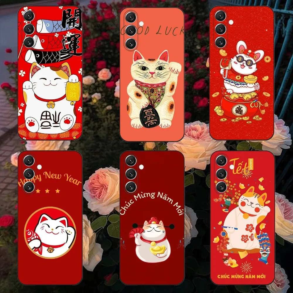 

Maneki Neko Lucky Money Cat Phone Case For Samsung Galaxy A13,A21s,A22,A31,A32,A52,A53,A71,A80,A91 Soft Black Cover