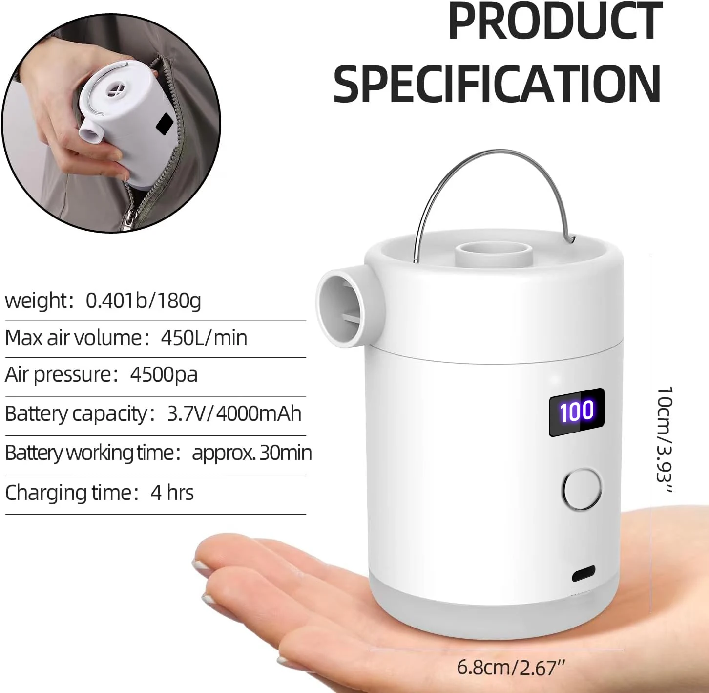 

Portable inflatable air cushion pump with camping light USB rechargeable air pump with battery LCD monitor
