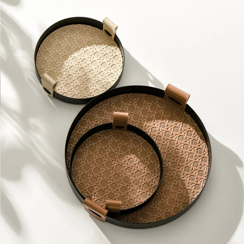 Ahunderjiaz-Rattan Lattice Leather Round Tray, Metal Cosmetic Tray, Storage Jewelry Display Home Decoration