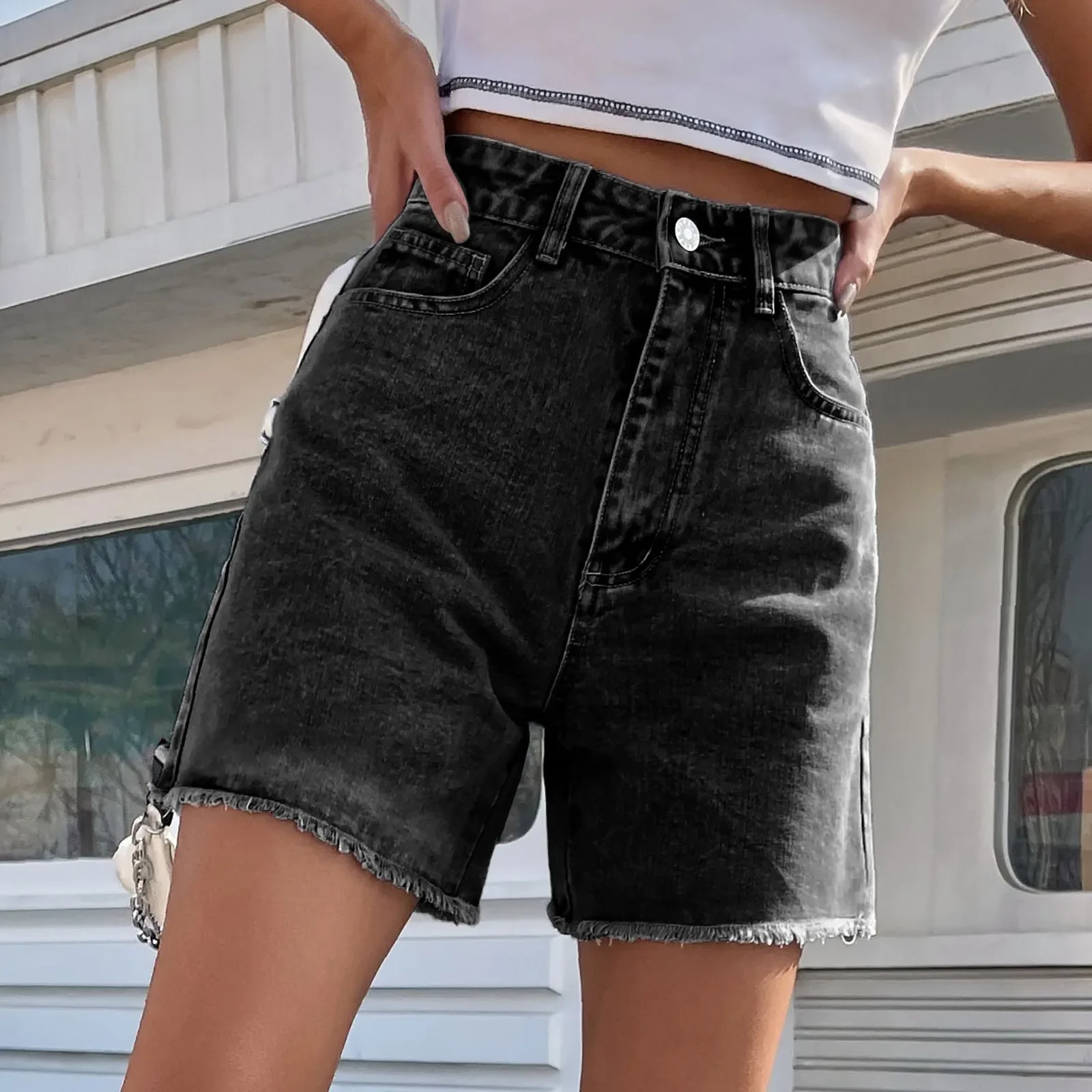 Women's Summer New Loose Casual High Waist Solid Denim Shorts Women's Board Shorts