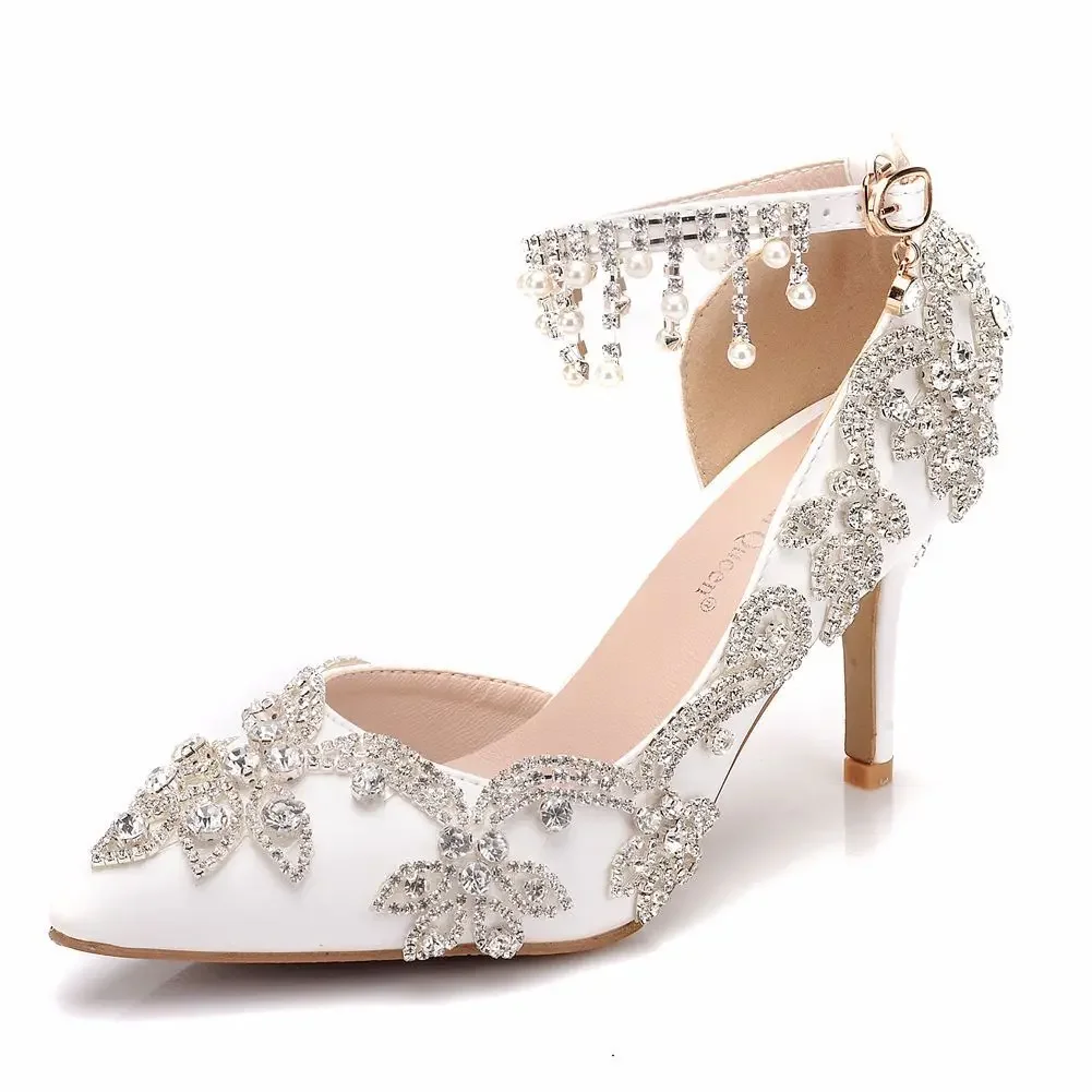 

8cm foreign trade plus size sandals with fine heels, white rhinestone wedding shoes, women's foreign trade high heels