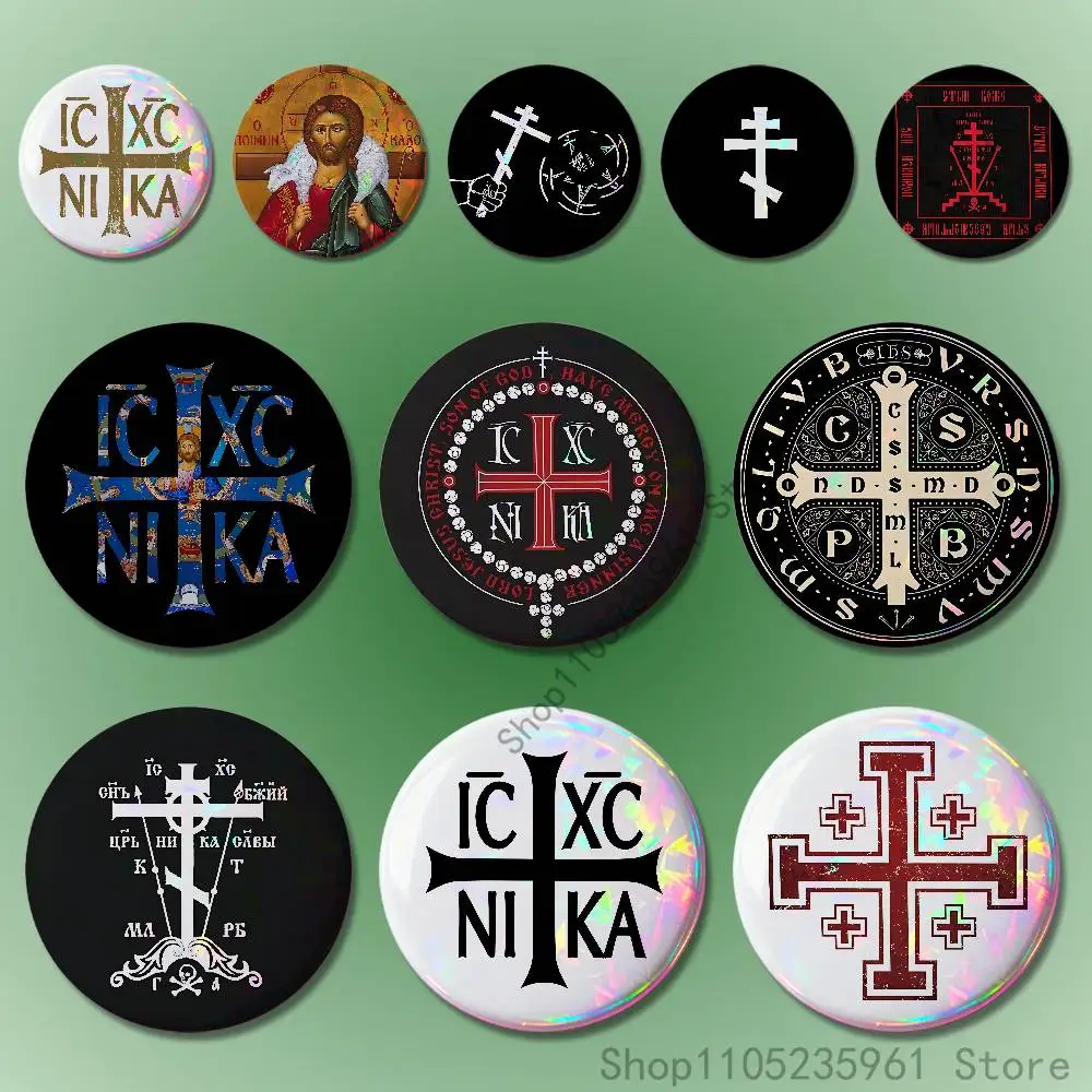 

Orthodox Christian Cross Badges 25 32 44 58 75 mm Round Cosplay Pin Fans Collect Friends Gifts Brooch Souvenir Custom