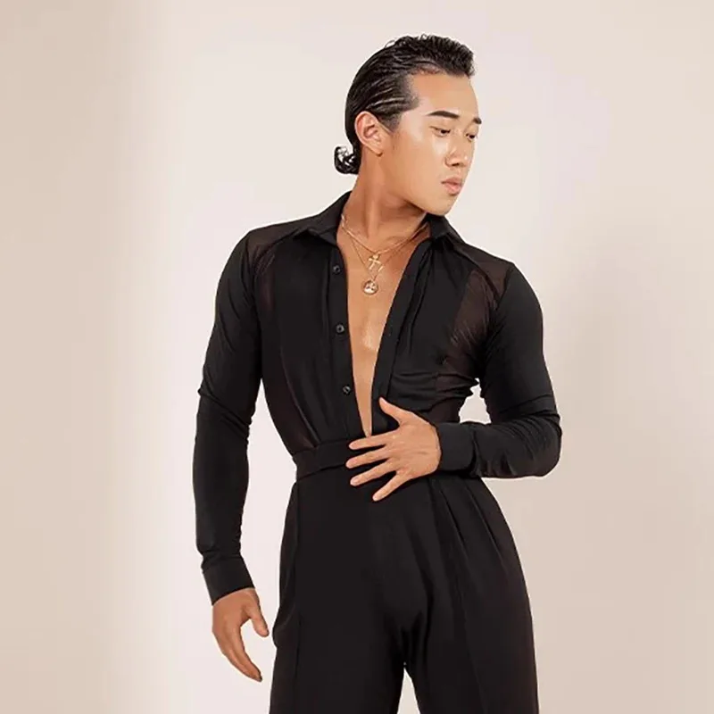 Męska odzież do tańca latynoamerykańskiego z długim rękawem i guzikami, strój do tańca towarzyskiego, samba, rumba, na występy sceniczne.