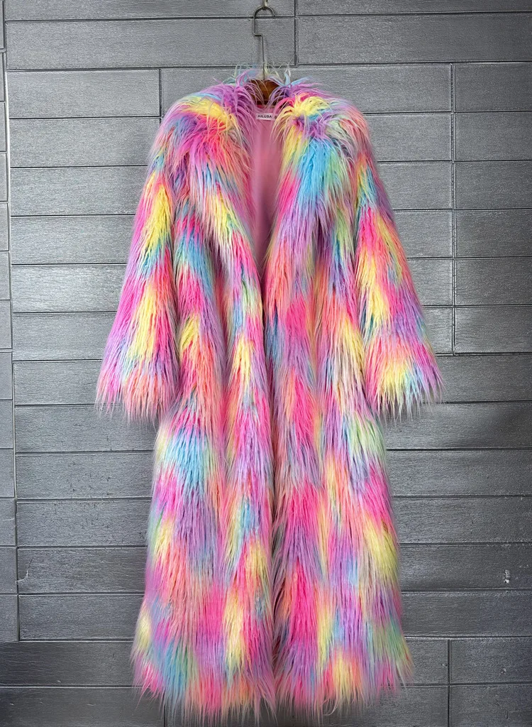 DEAT 2026 Winter New Items Imitation Colorful Long Coat For Women Faux Fur Suit Collar Long Sleeve Trench Jacket Female 11A05577