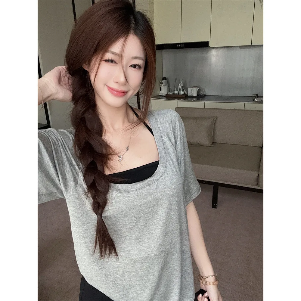 Korean Loose U-Neck Short Sleeve T-Shirt Women's Summer New Unique Beautiful Slimming Short Grey Top Cleanfit Style Linen Fabric