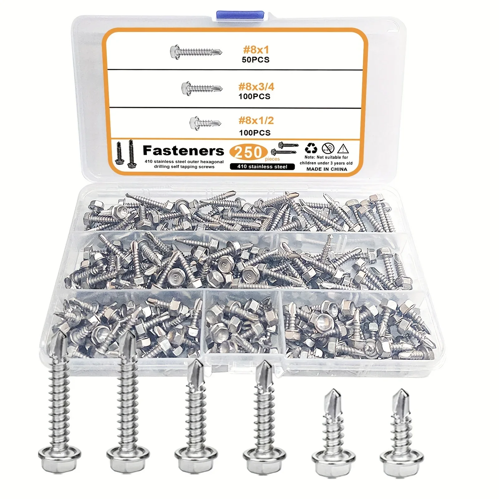 250 Pieces of 410 Stainless Steel Hexagonal Screws with Washers and Self-Tapping Drill Tail Screws (#8x1, #8x3/4, #8x1/2)