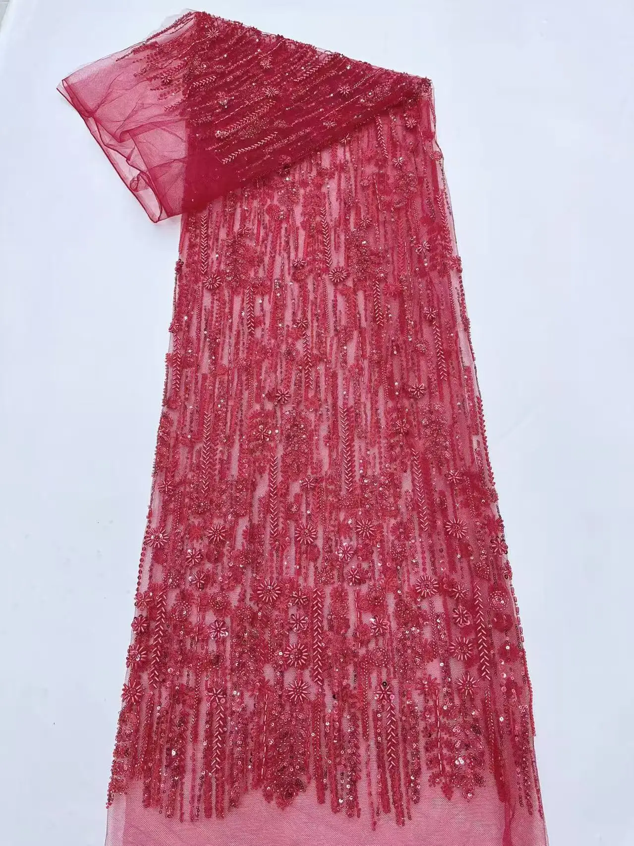 

African Beaded Lace Fabric Premium Quality Bright Red Nigerian Sequined Lace Fabric Wedding Gown Sewing Material Dress 5Yards